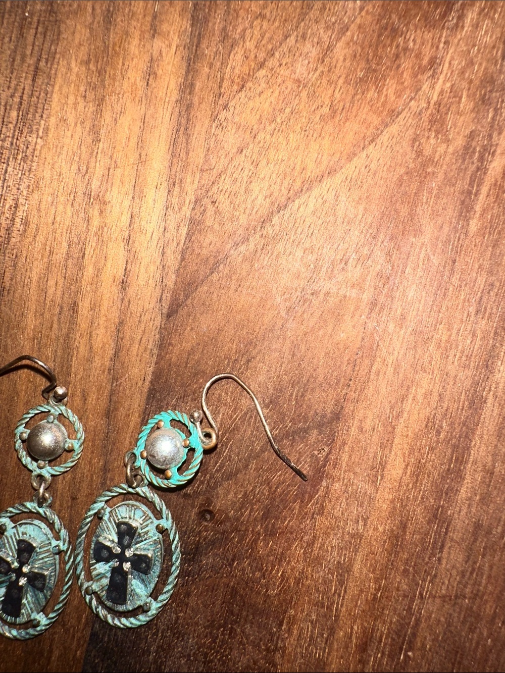 Vintage-Inspired Turquoise Patina Cross Drop Earrings - Picture 5 of 6